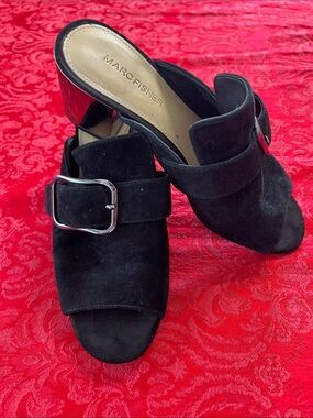 Marc Fisher Black Suede Mule Heels Women’s 6.5 Open Toe Silver Buckle Slip On